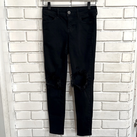 American Eagle Outfitters Black Ne(x)t Level Stretch Distressed Jeans Blown Knee - Picture 2 of 12